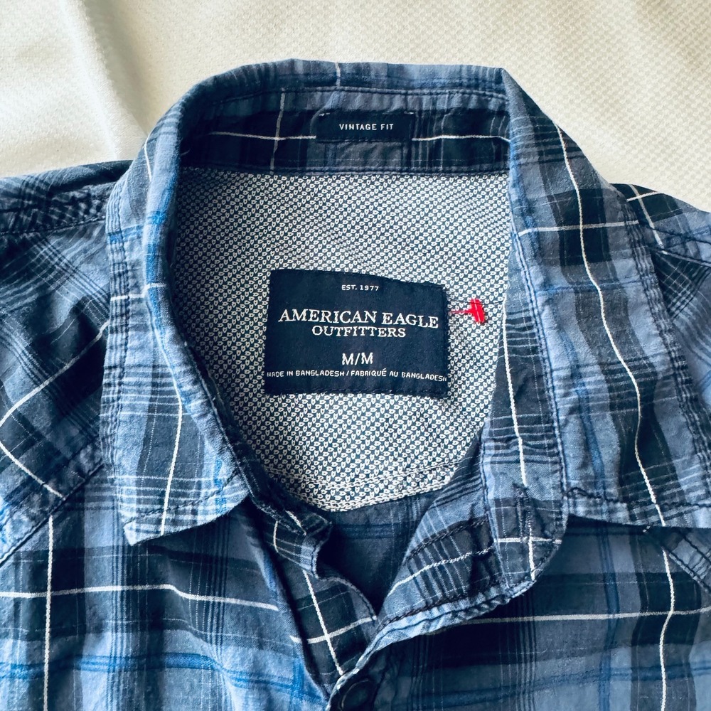American Eagle Vintage Fit Plaid Pearl Snap Western Shirt Men's Size Medium Blue - Picture 3 of 9
